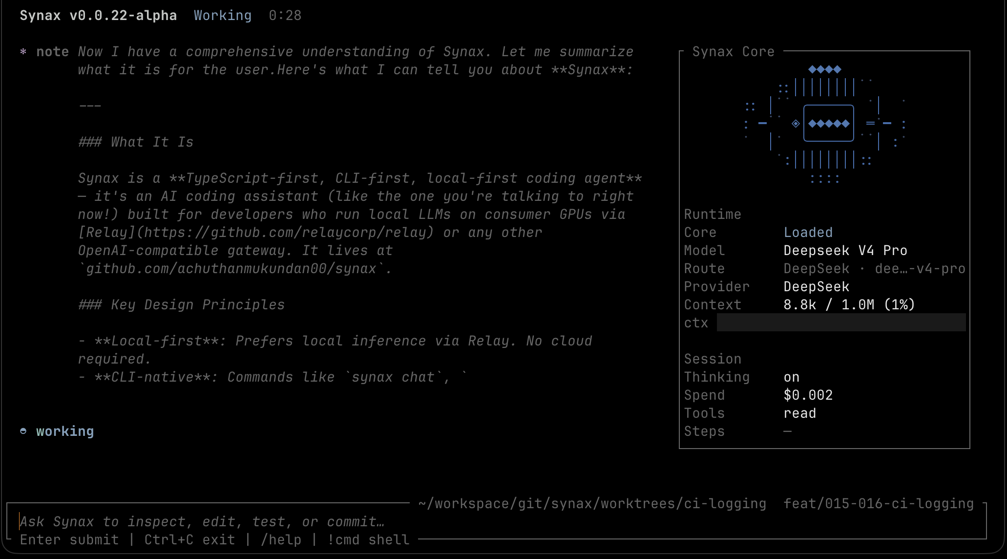 Synax TUI terminal preview — agent session with reasoning, tool calls, and streaming panels